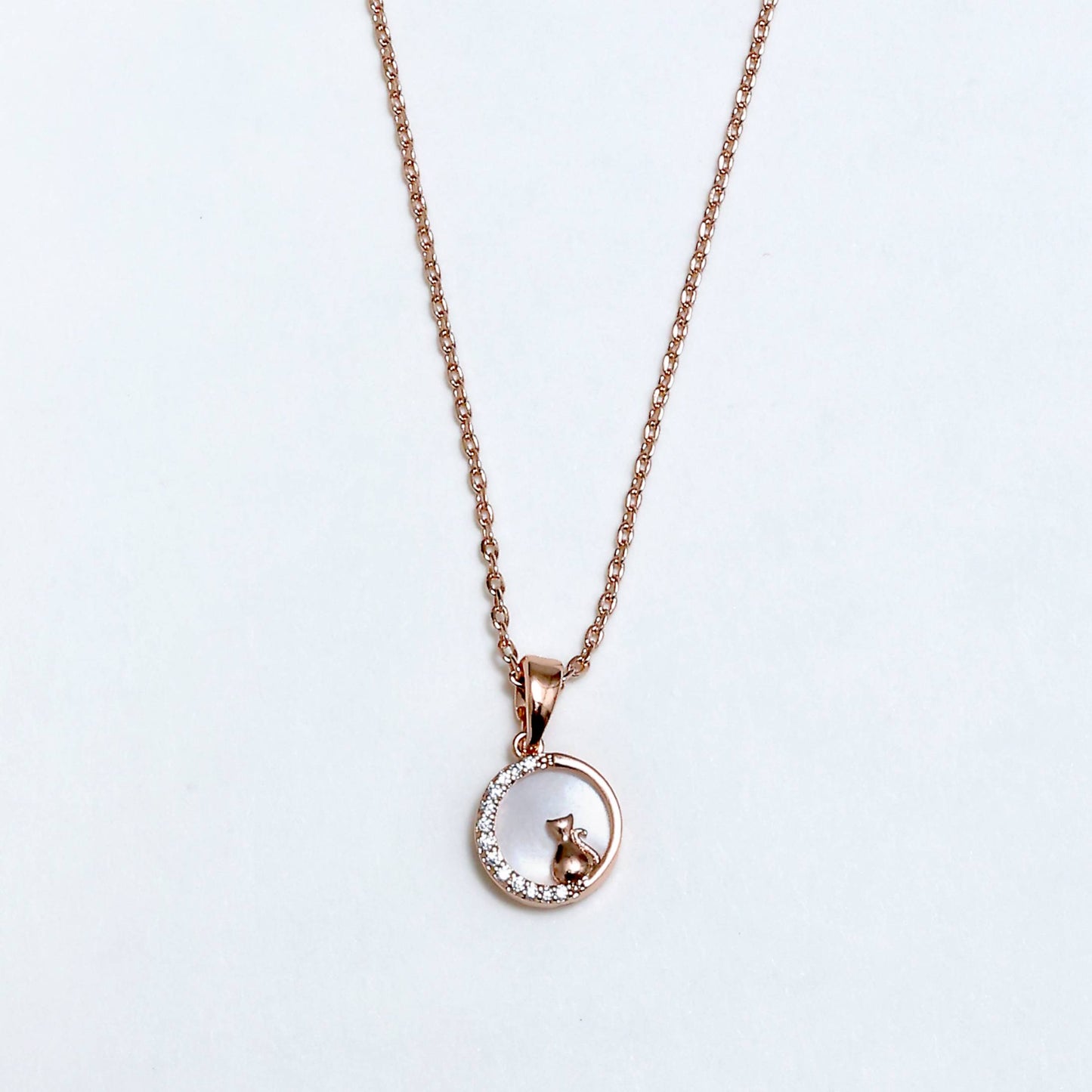 Glimii rose gold necklace with cat pendant and crystals, aesthetic jewelry for cat lovers