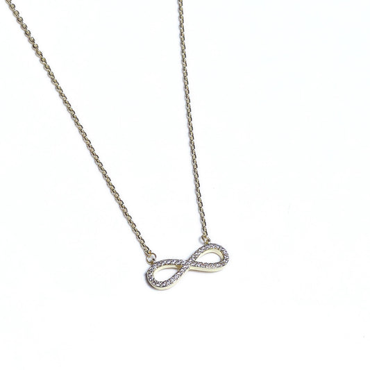 Glimii dainty infinity pendant necklace with silver chain and crystal accents on white background