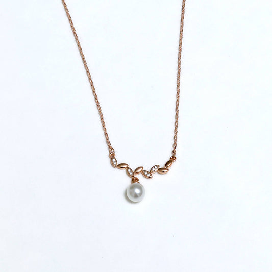 Glimii delicate stainless steel necklace with rose gold leaves and a single pearl pendant