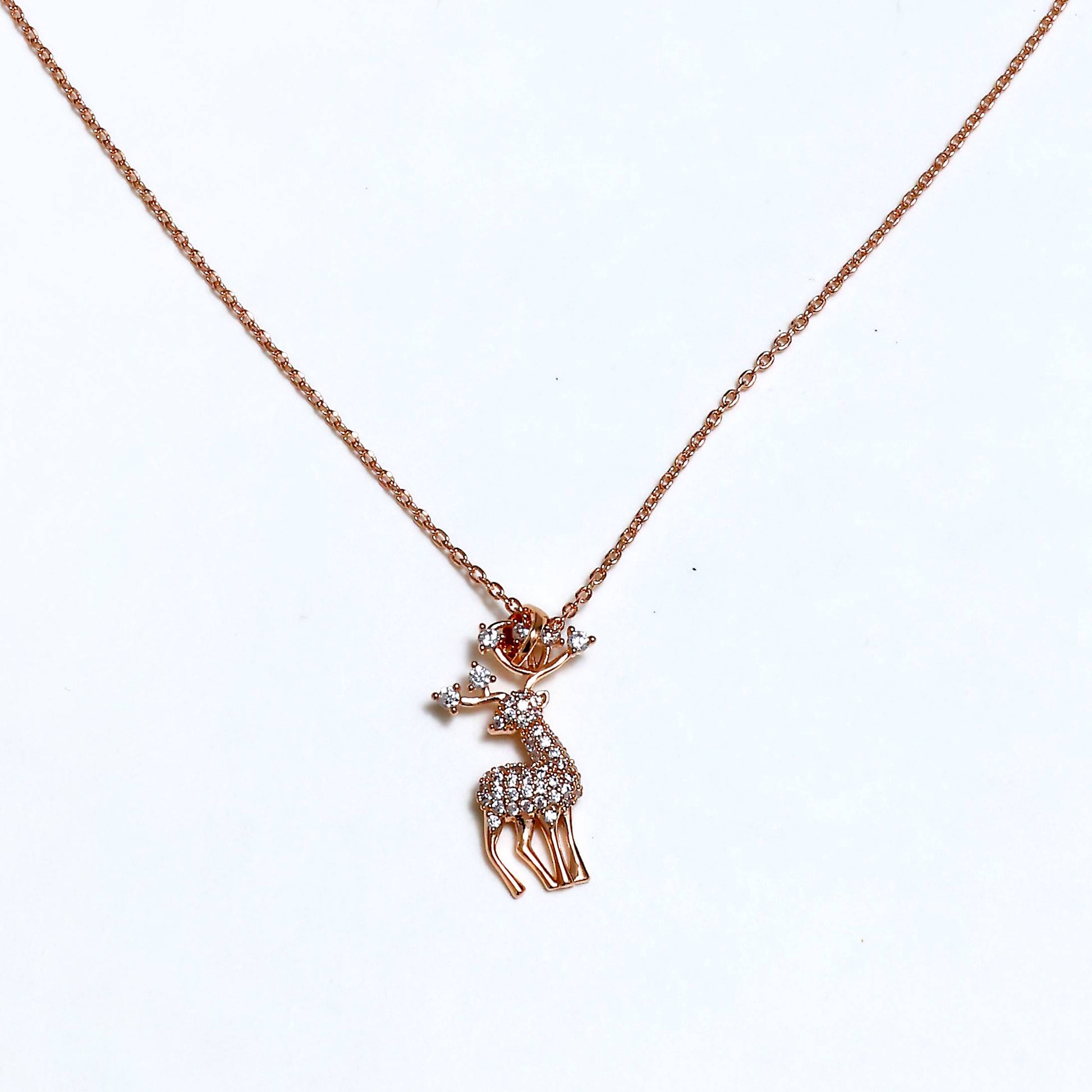 Glimii Korean style deer pendant necklace with rose gold chain and crystal accents