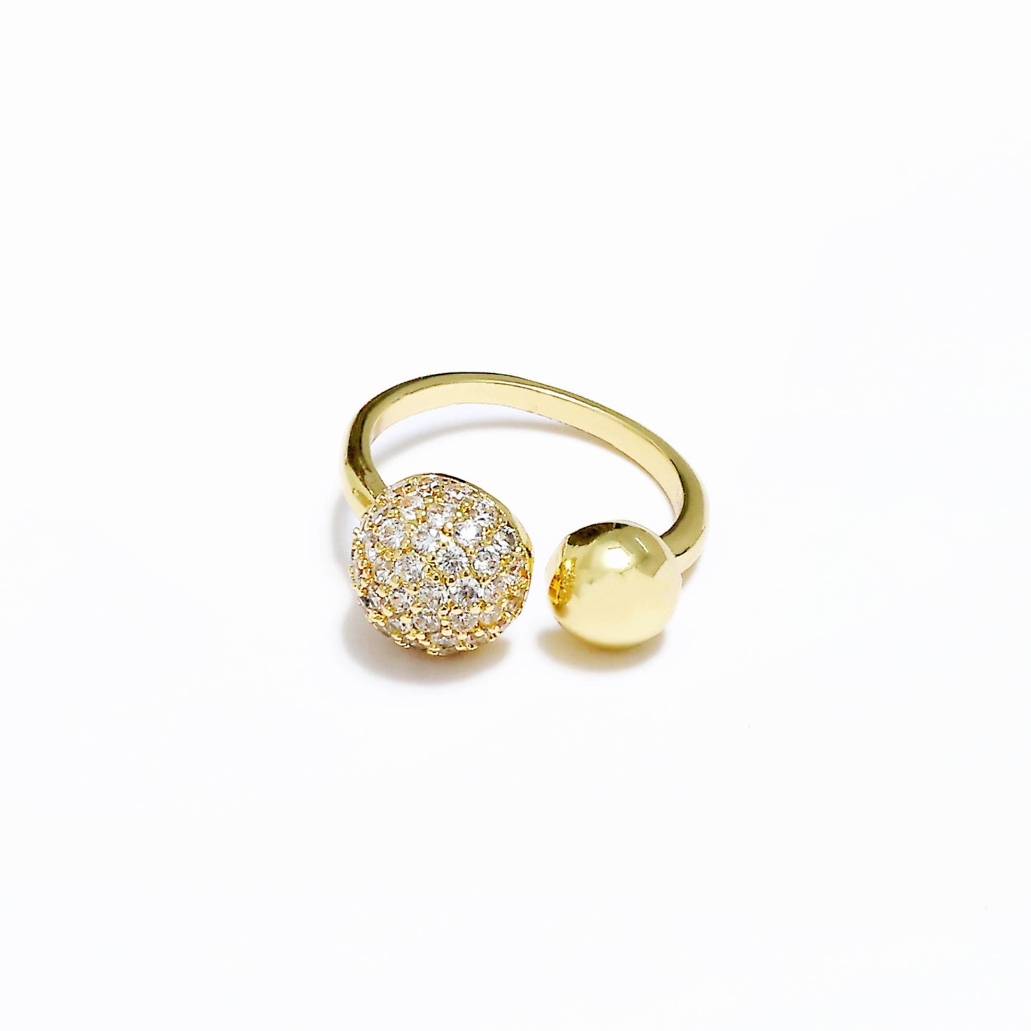Glimii gold dainty everyday stacking ring with a pavΓ© diamond sphere and a smooth gold ball