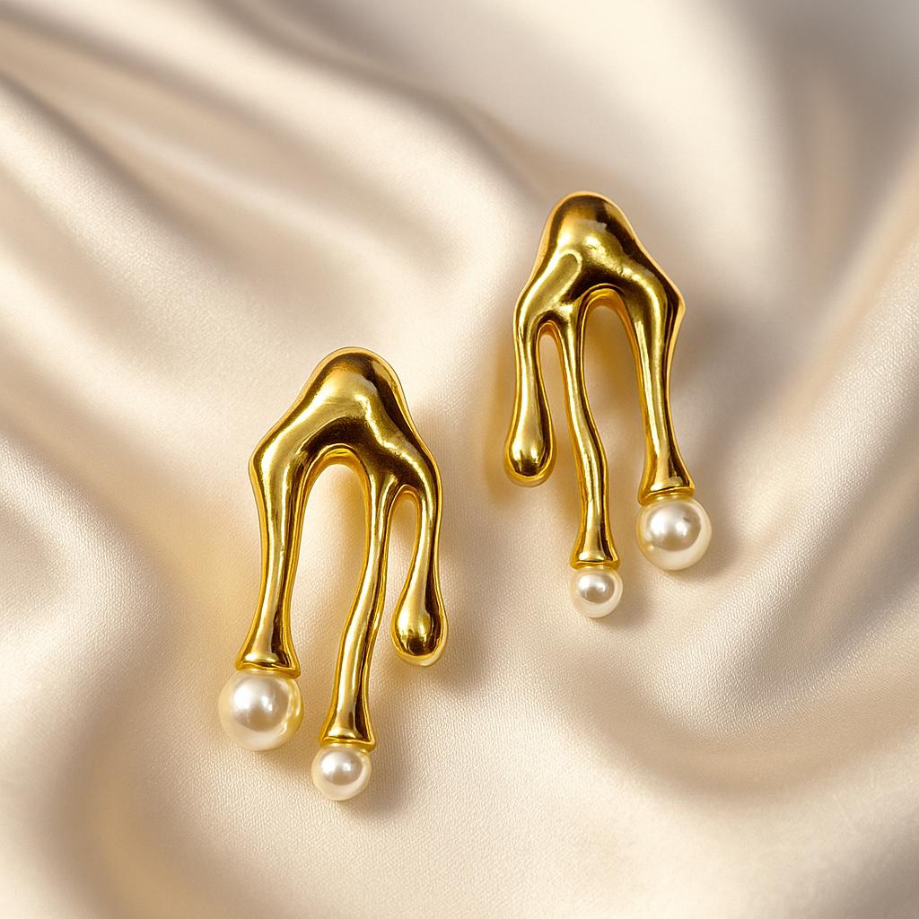 Glimii Korean style pearl jewelry gold-tone abstract earrings with two pearls on satin background