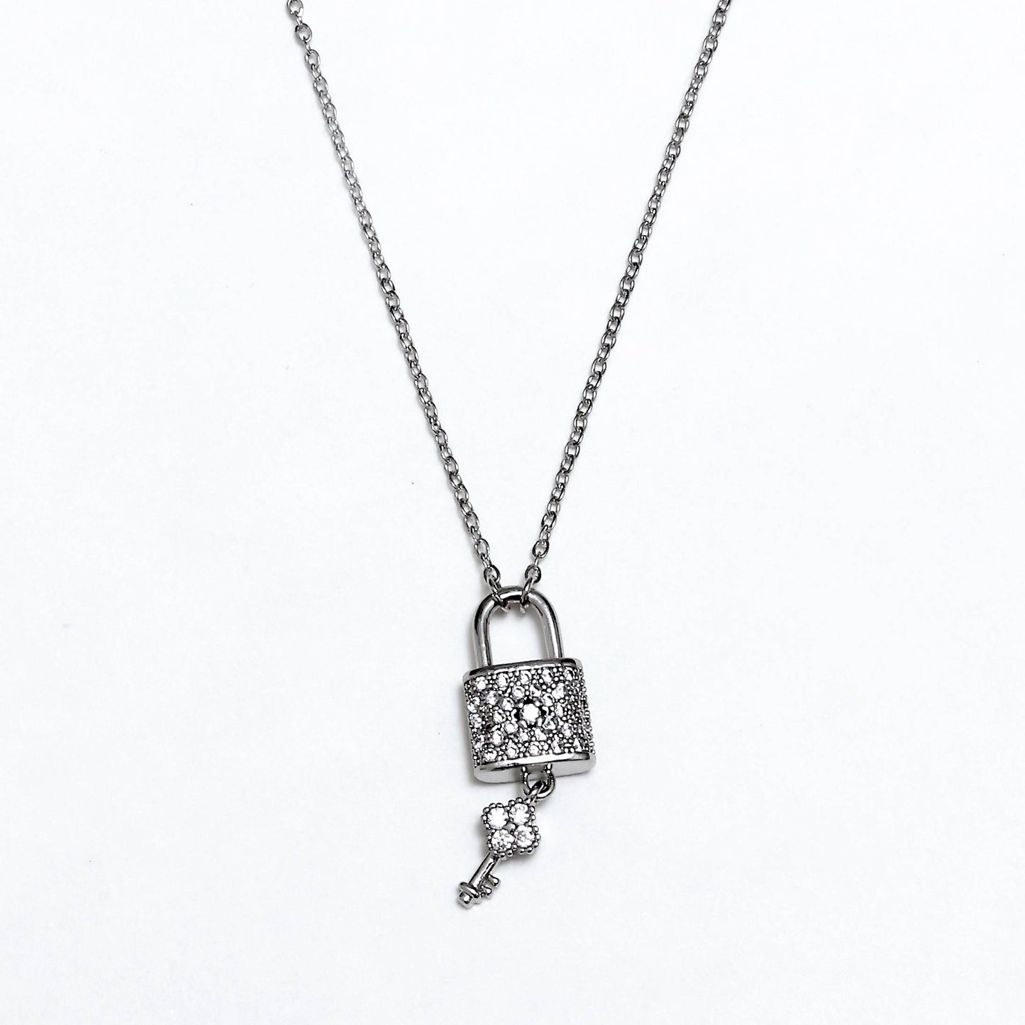 Glimii silver lock and key necklace with sparkling rhinestone pendant on chain
