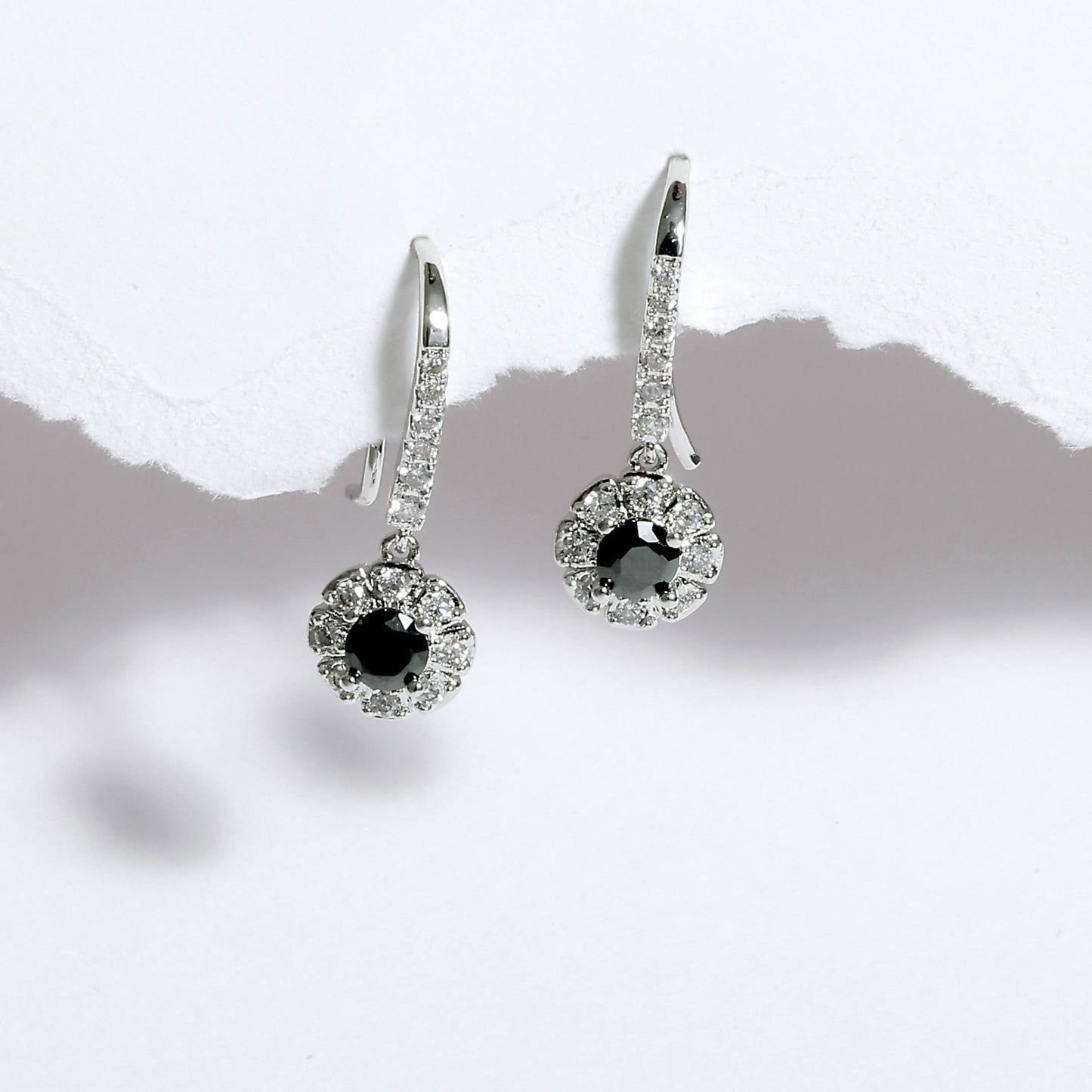 Glimii minimalist black drop earrings with silver tone and sparkling crystal accents