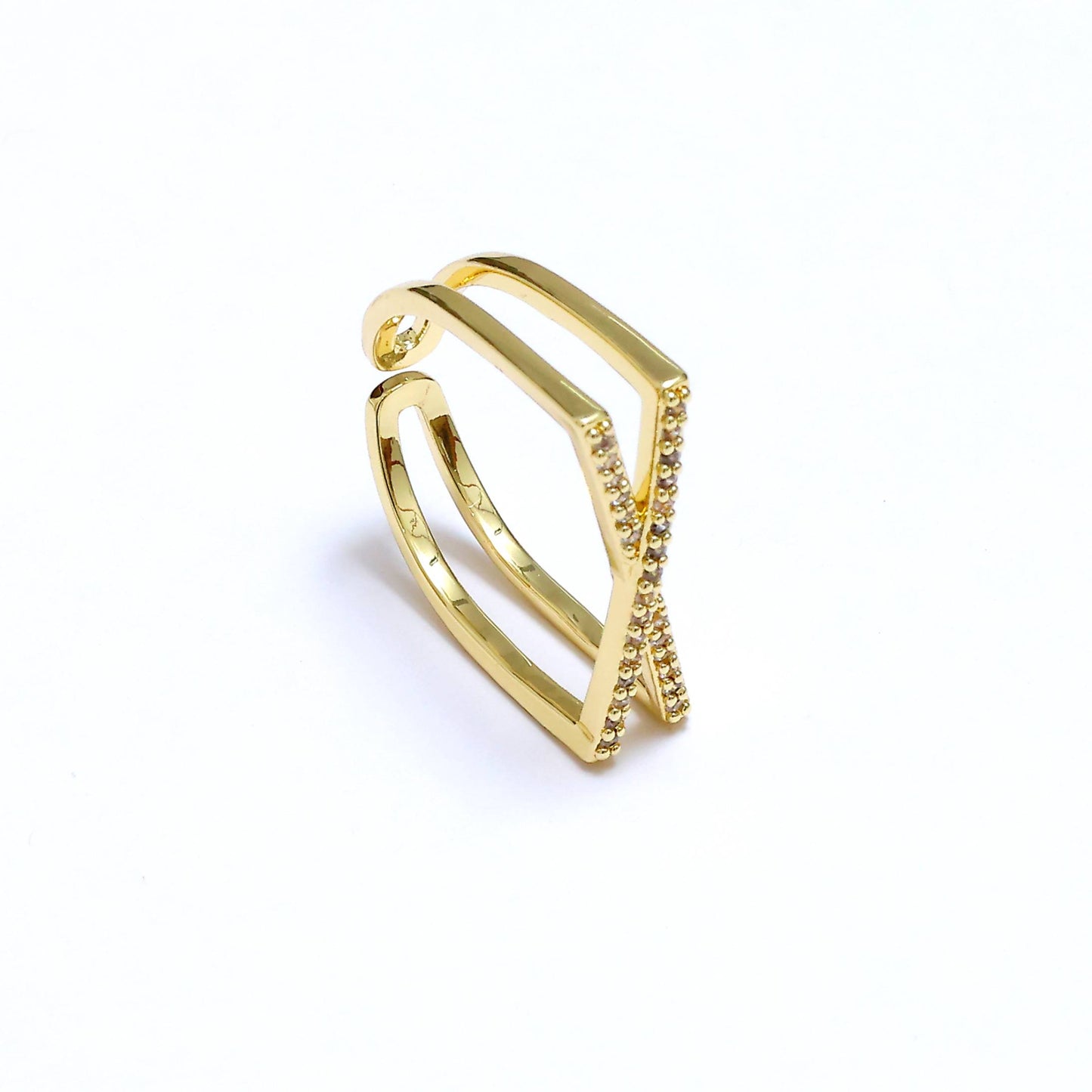 Glimii gold Korean style jewelry ring with an open geometric design and small crystals