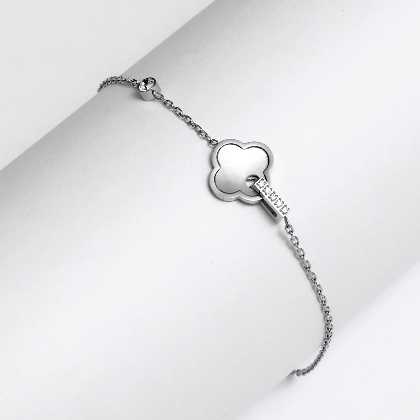 Silver Korean style clover jewelry bracelet with delicate chain and polished clover charm by Glimii