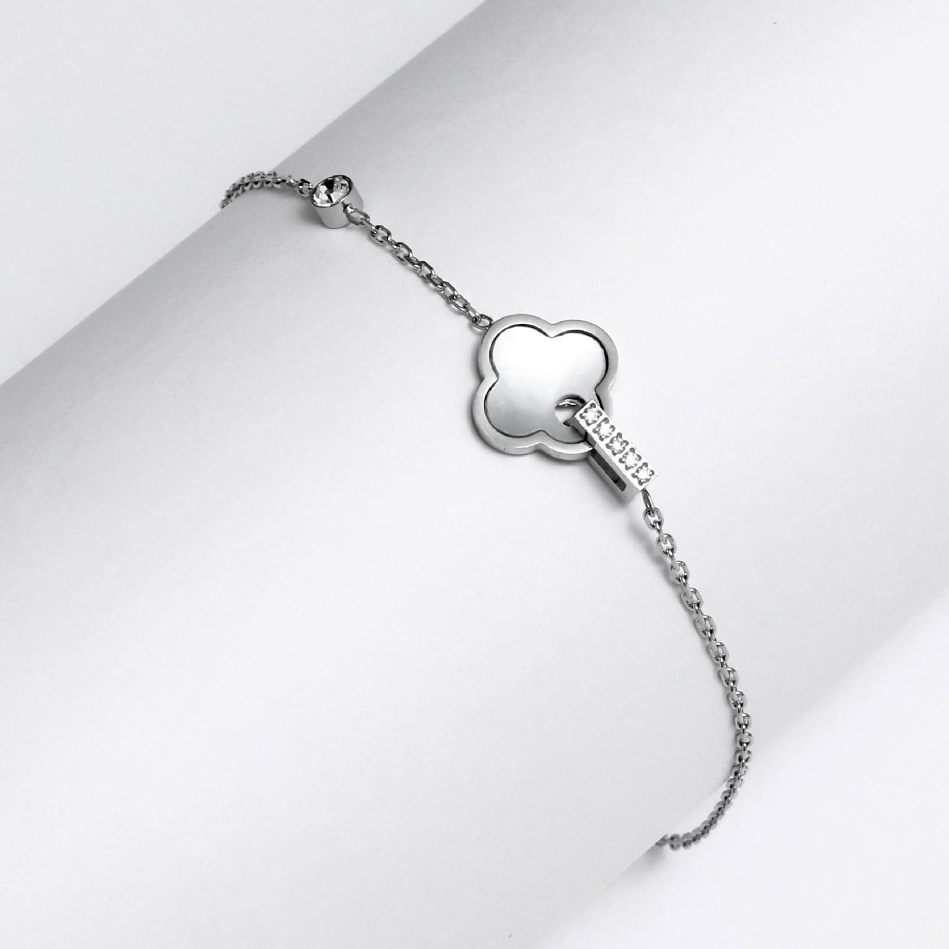 Silver Korean style clover jewelry bracelet with delicate chain and polished clover charm by Glimii