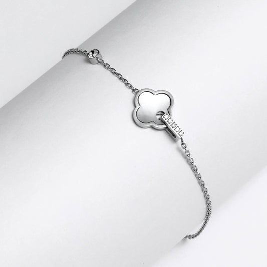 Silver Korean style clover jewelry bracelet with delicate chain and polished clover charm by Glimii