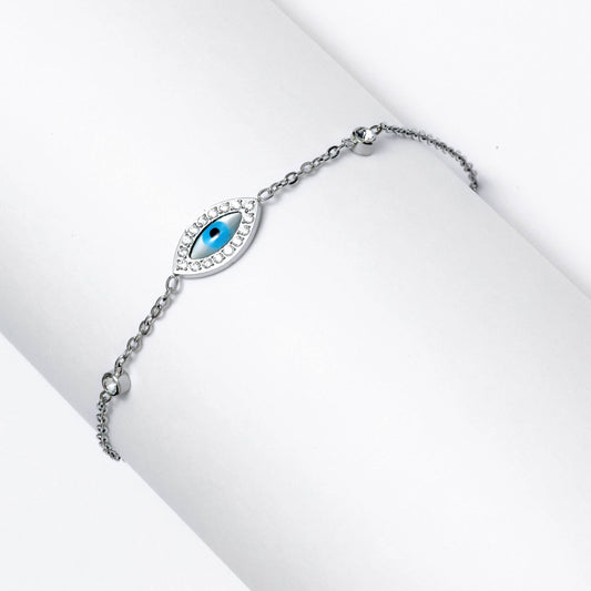 Glimii everyday evil eye charm bracelet with silver chain and blue eye charm on white background