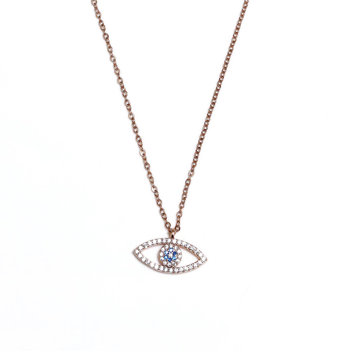 Glimii delicate evil eye necklace with blue and clear stones on a rose gold chain