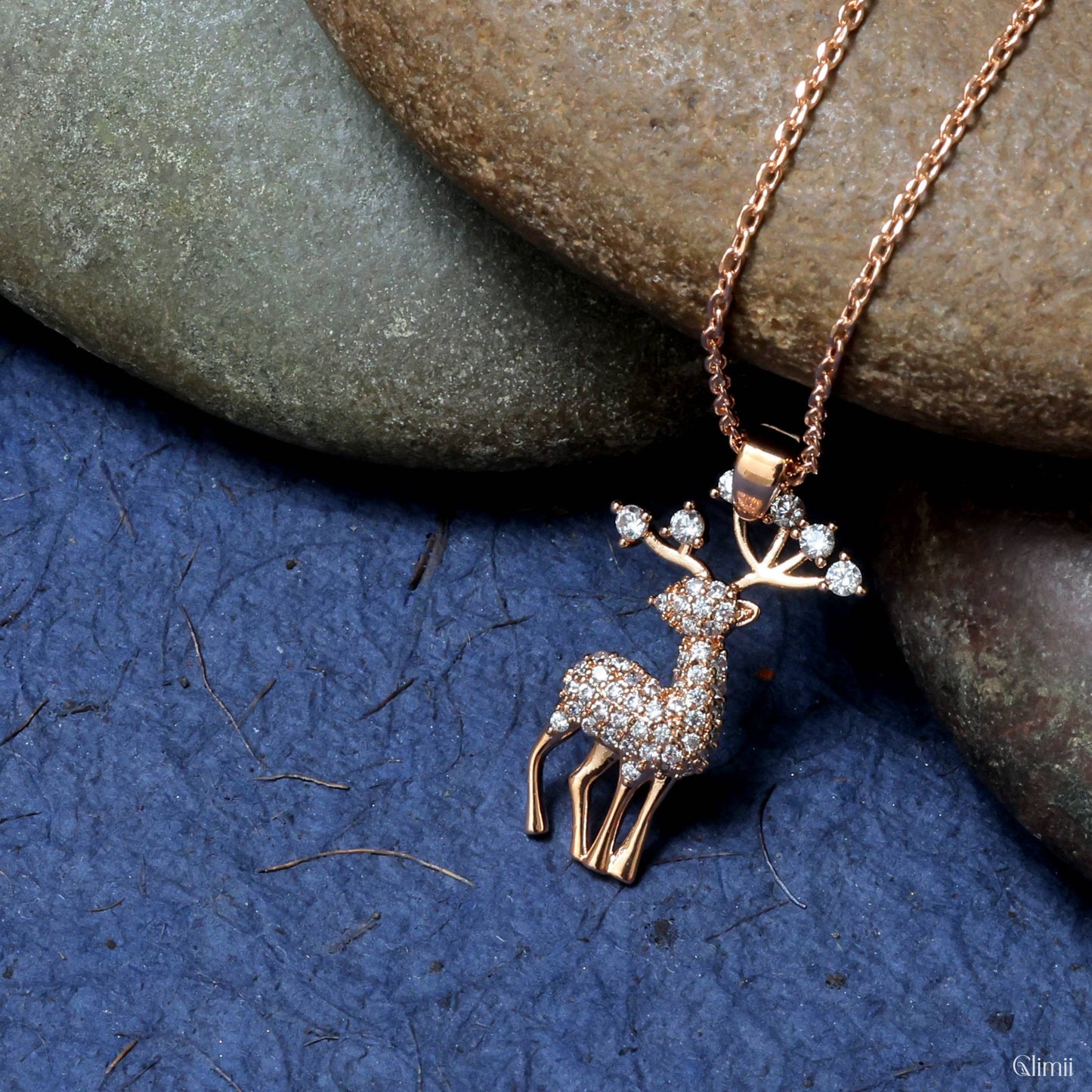 Glimii Korean style deer pendant necklace with sparkling stones on rose gold chain