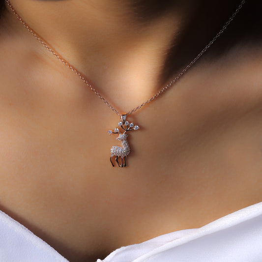 Korean style deer pendant necklace with sparkling stones on a delicate chain worn on neck