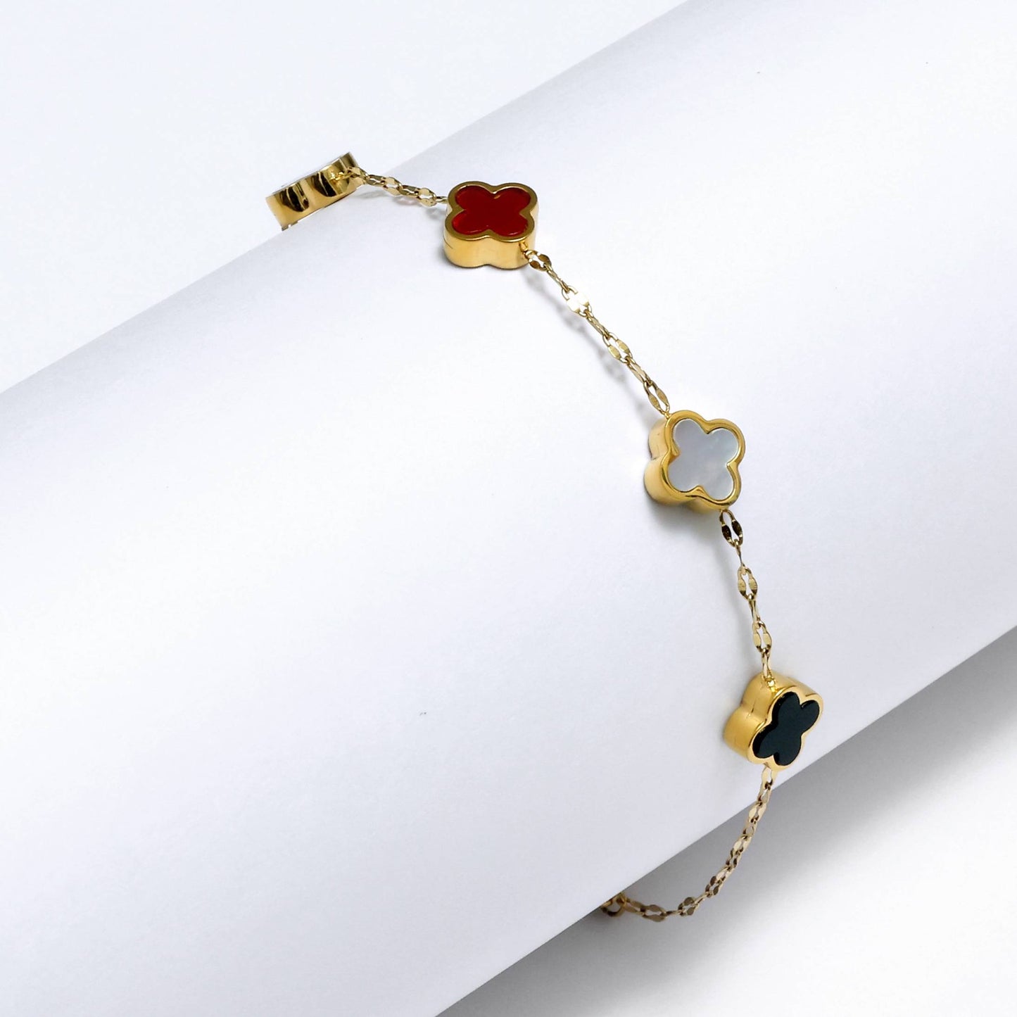 Glimii gold chain clover charm bracelet with red white and black enamel four-leaf charms