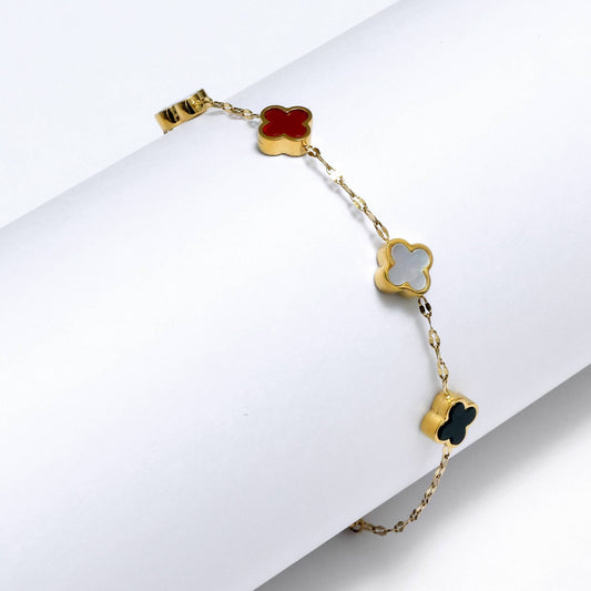 Glimii gold chain clover charm bracelet with red white and black enamel four-leaf charms