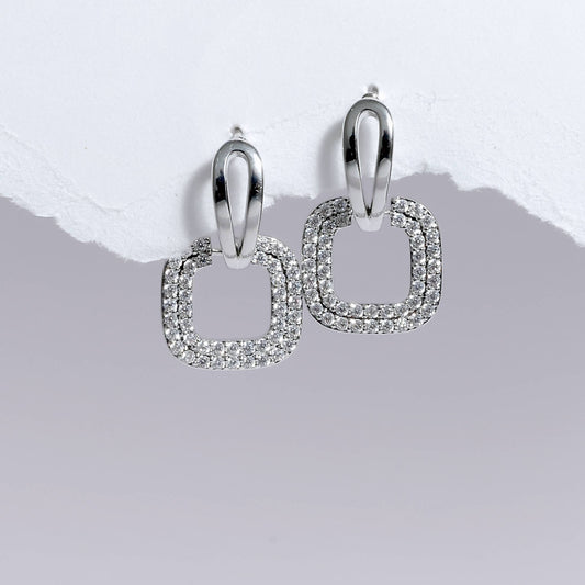 Glimii silver Korean style hoop earrings with square rhinestone-encrusted dangles