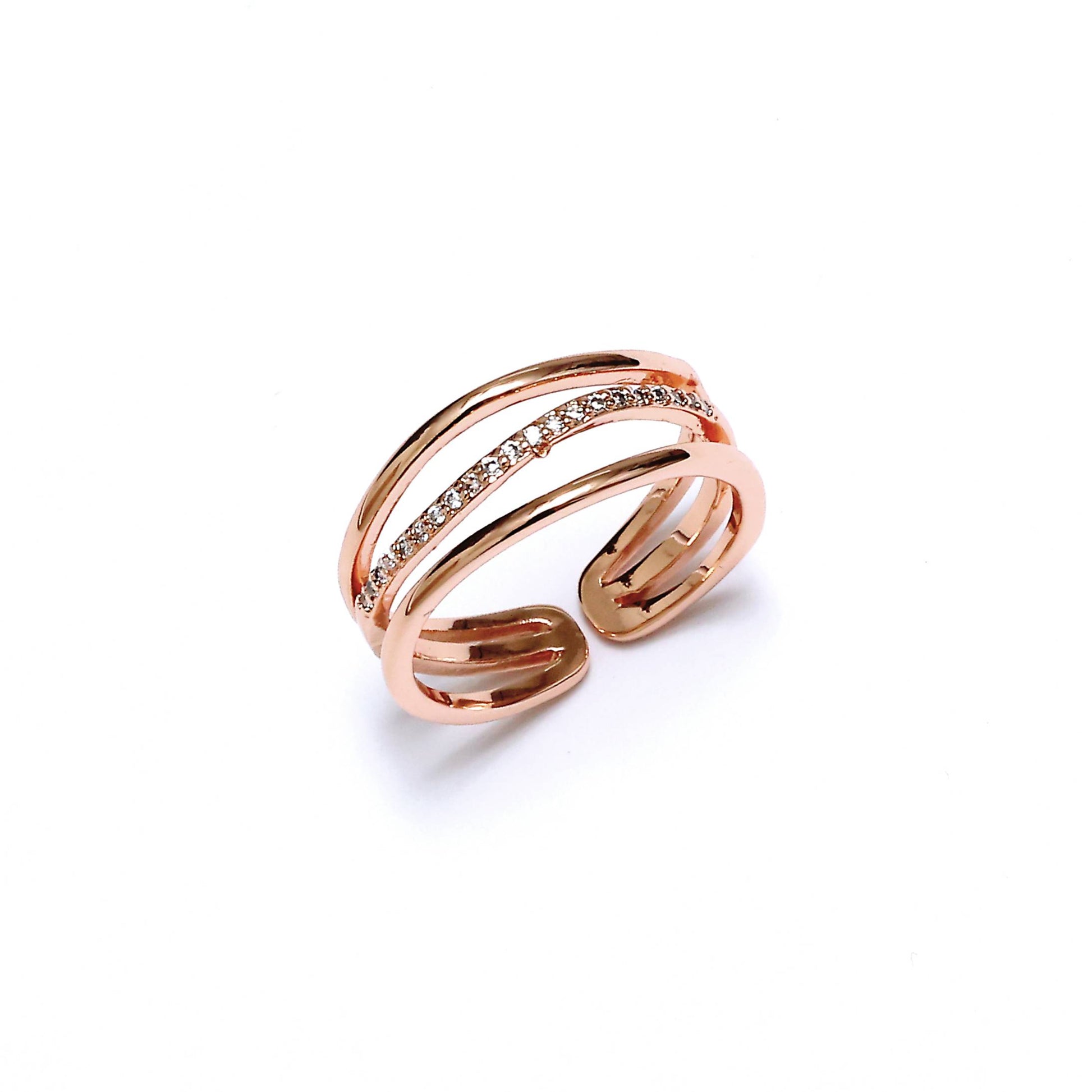Rose gold Korean style jewelry ring with open design and embedded sparkling stones