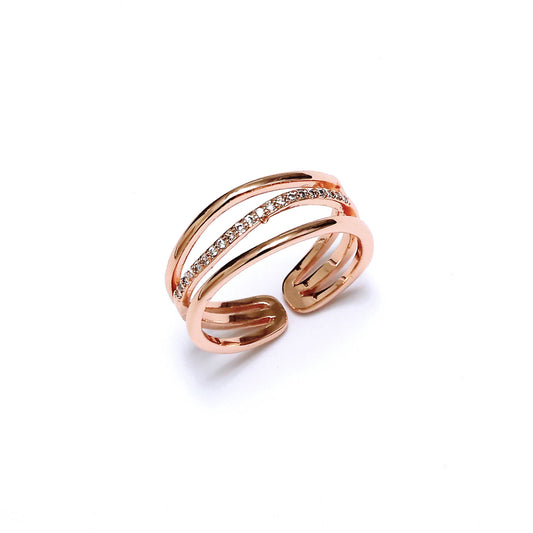 Rose gold Korean style jewelry ring with open design and embedded sparkling stones