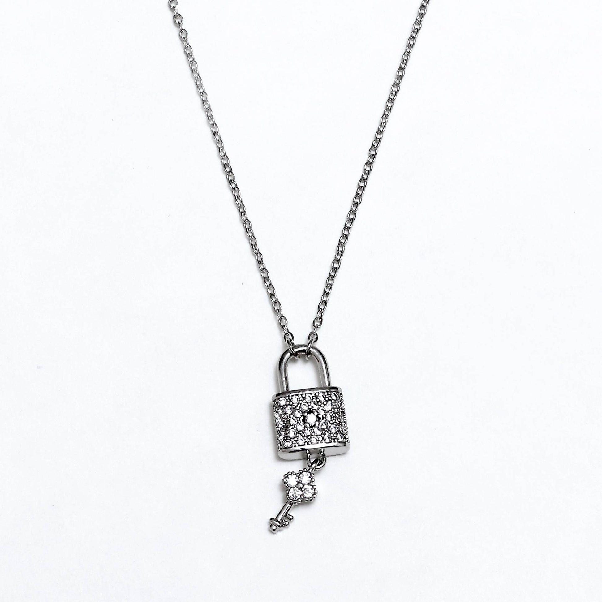 Glimii silver lock and key necklace with sparkling rhinestone pendant on chain