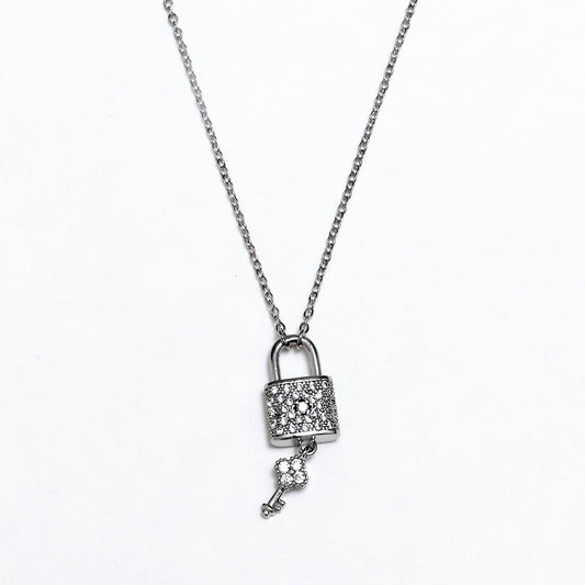 Glimii silver lock and key necklace with sparkling rhinestone pendant on chain