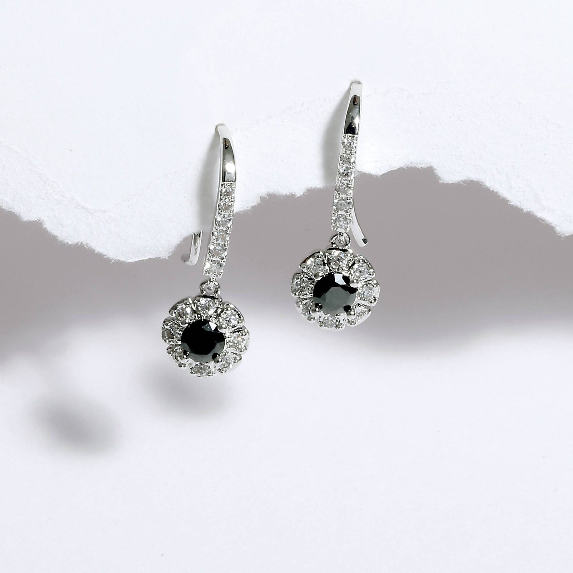Glimii minimalist black drop earrings with silver tone and sparkling crystal accents