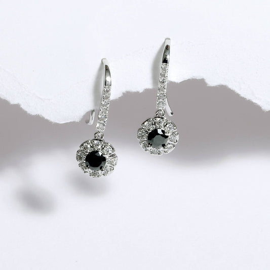 Glimii minimalist black drop earrings with silver tone and sparkling crystal accents