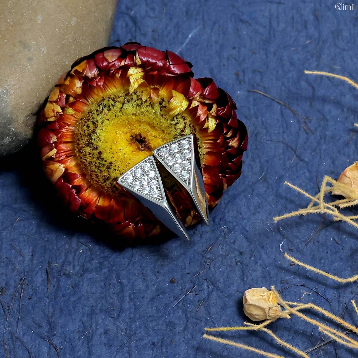 Glimii modern diamond accent jewelry with triangular silver design and sparkling diamonds on dried flower