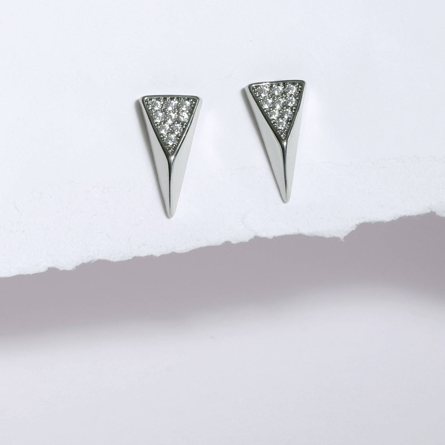 Glimii silver triangular stud earrings featuring modern diamond accent jewelry design