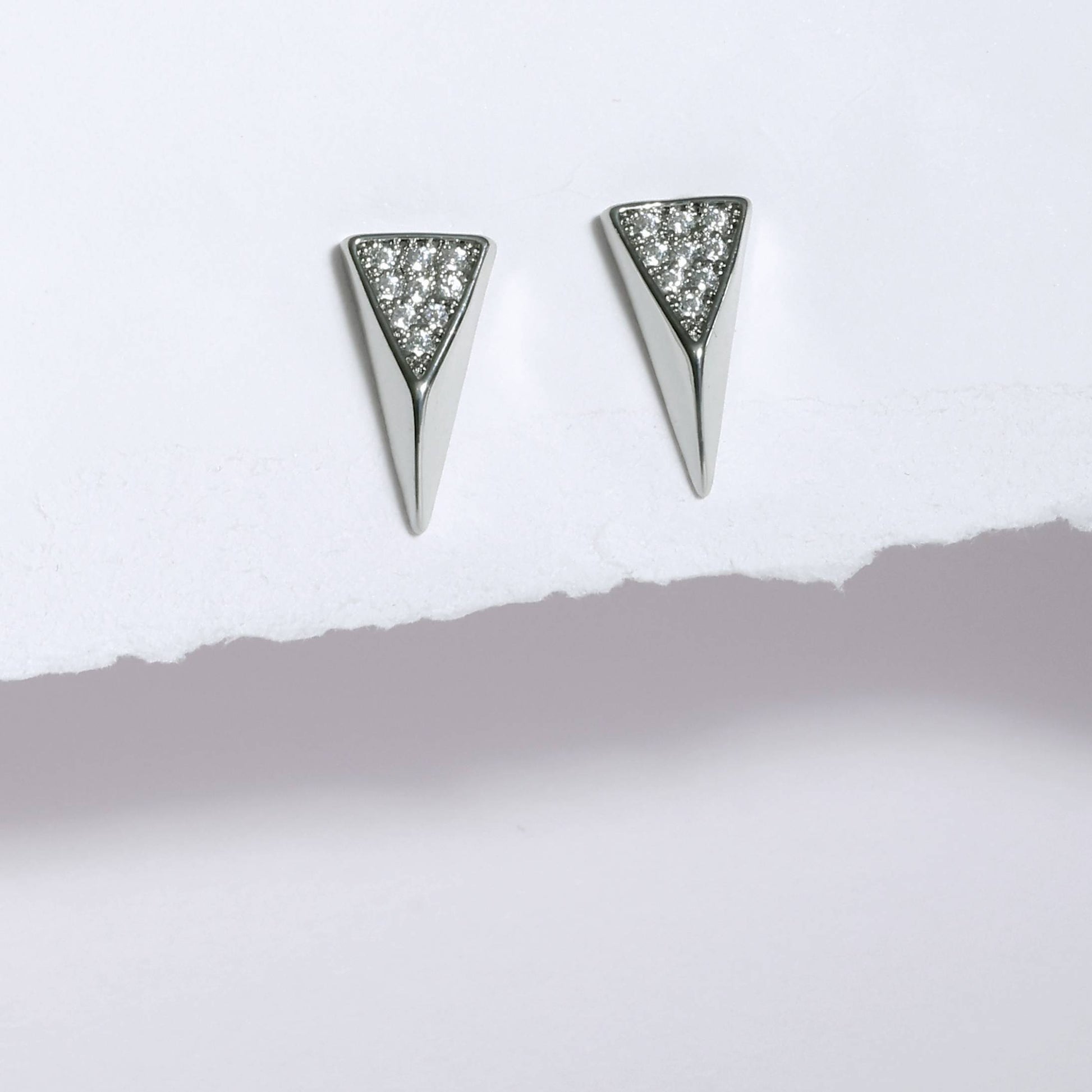 Glimii silver triangular stud earrings featuring modern diamond accent jewelry design