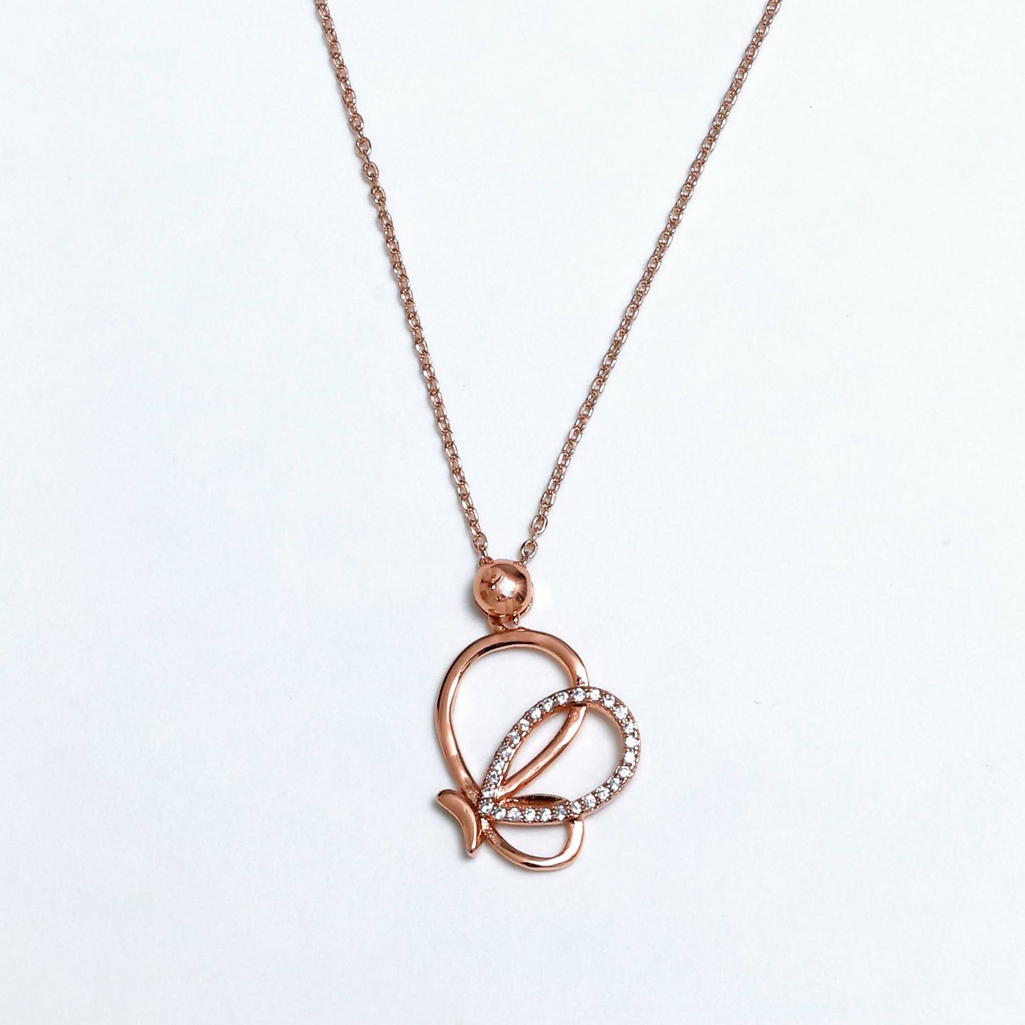 Glimii butterfly pendant necklace in rose gold with crystal accents on delicate chain
