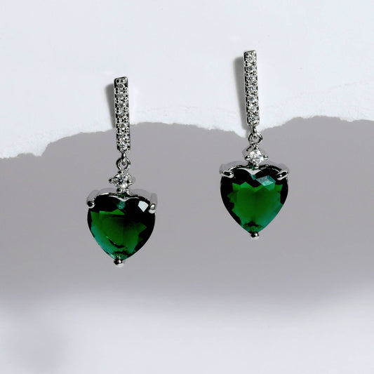 Glimii green heart drop earrings with sparkling silver settings and crystal accents