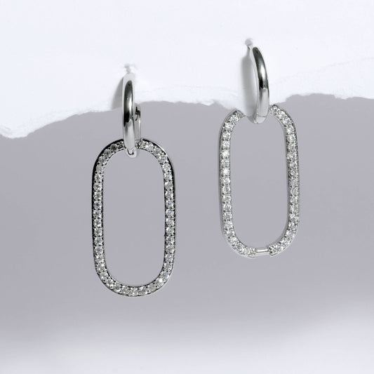 Glimii silver minimalist statement earrings with oval-shaped diamond-encrusted dangling loops